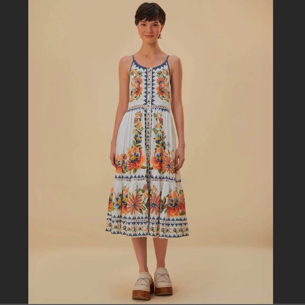 FARM RIO OFF-WHITE DELICATE GARDEN MIDI DRESS SMALL